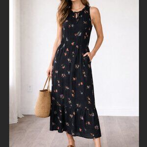ld Navy Black Floral Maxi Dress Medium Flowy Elastic Waist Boho Sleeveless
